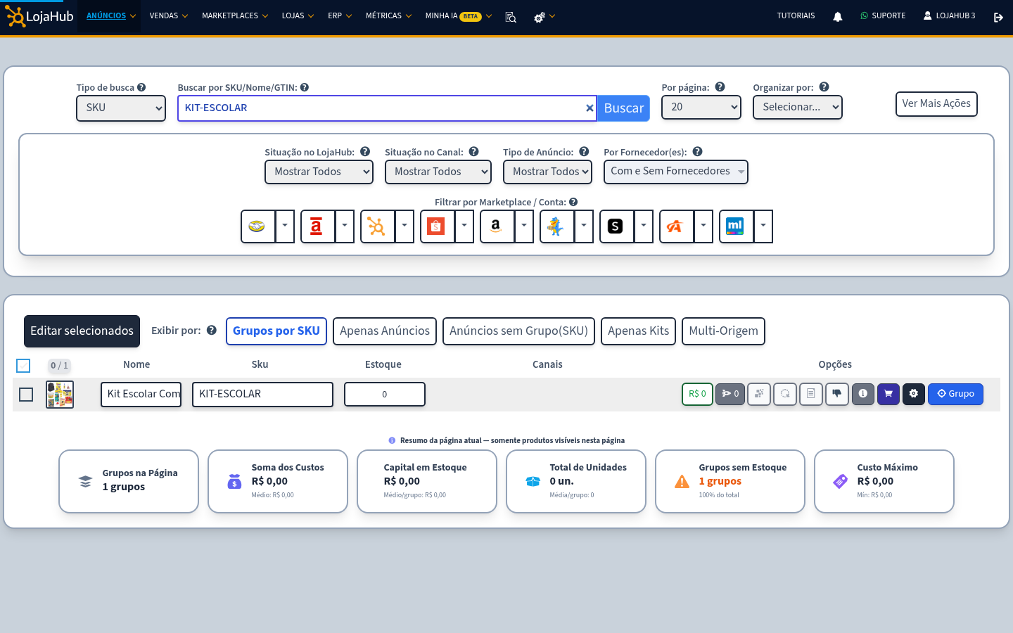 Lista de grupos no LojaHub com o grupo Kit Escolar Completo encontrado pela busca