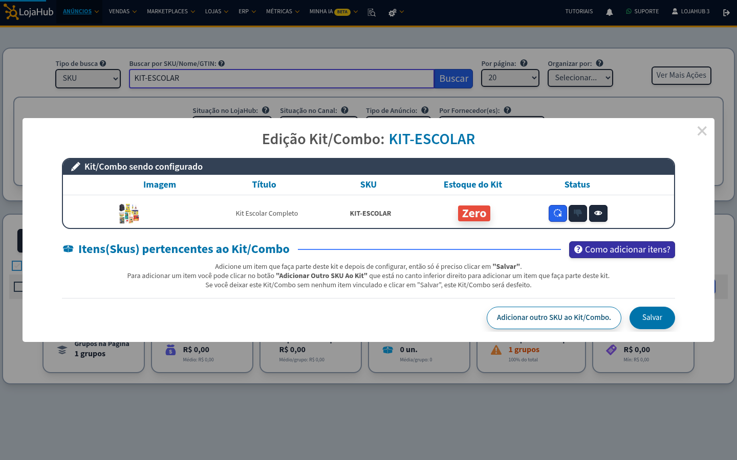 Tela de Edição Kit/Combo ainda sem itens, com o estoque do kit em zero