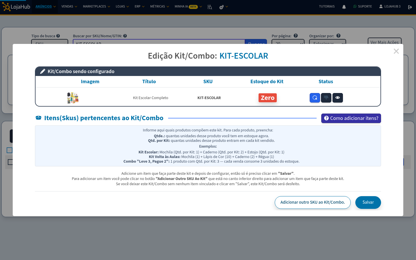 Ajuda "Como adicionar itens?" explicando os campos Qtde. e Qtd. por Kit com exemplos