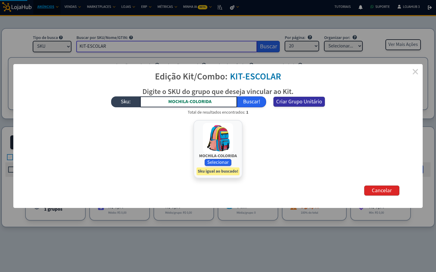 Busca de SKU para adicionar ao kit, com a mochila encontrada e o botão Selecionar