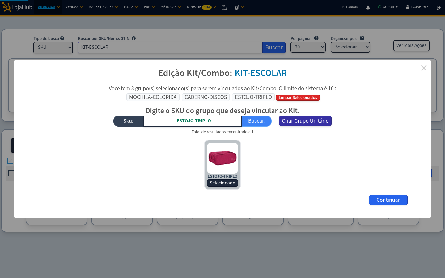 Três itens selecionados para o kit: mochila, caderno e estojo