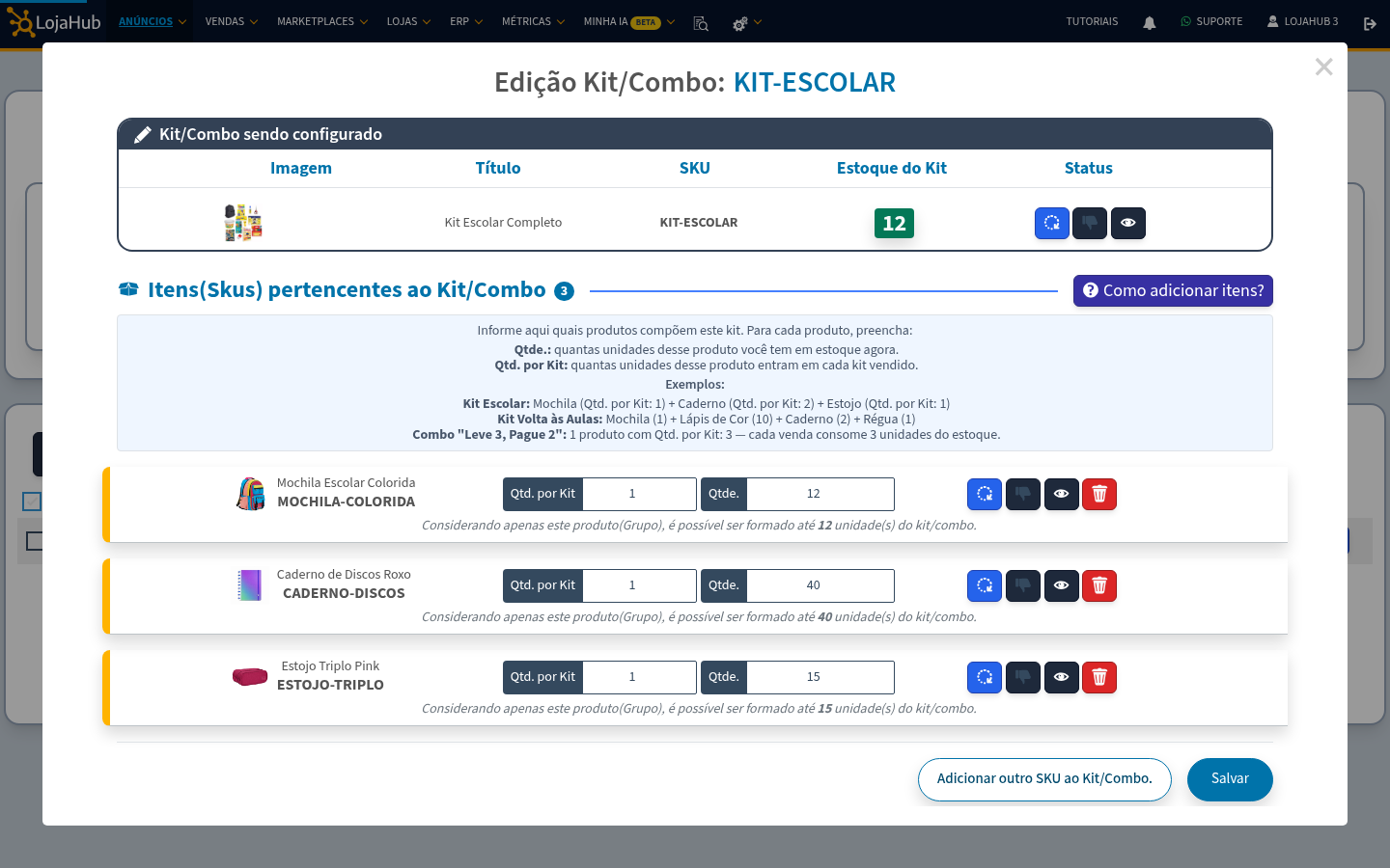 Itens do kit com os campos Qtd. por Kit e Qtde., e o estoque do kit calculado em 12