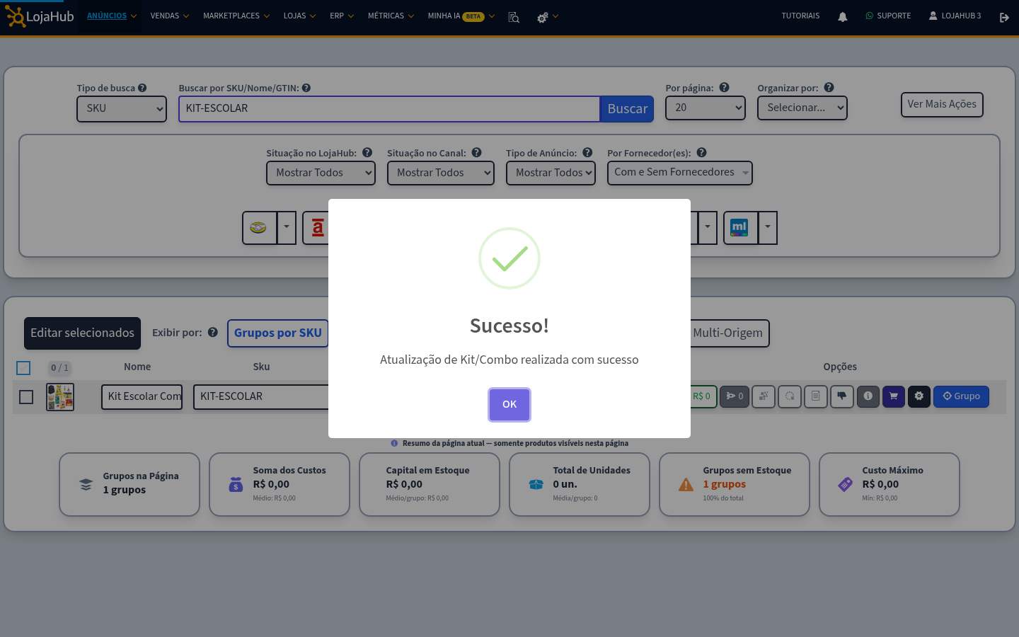 Mensagem de sucesso: Atualização de Kit/Combo realizada com sucesso