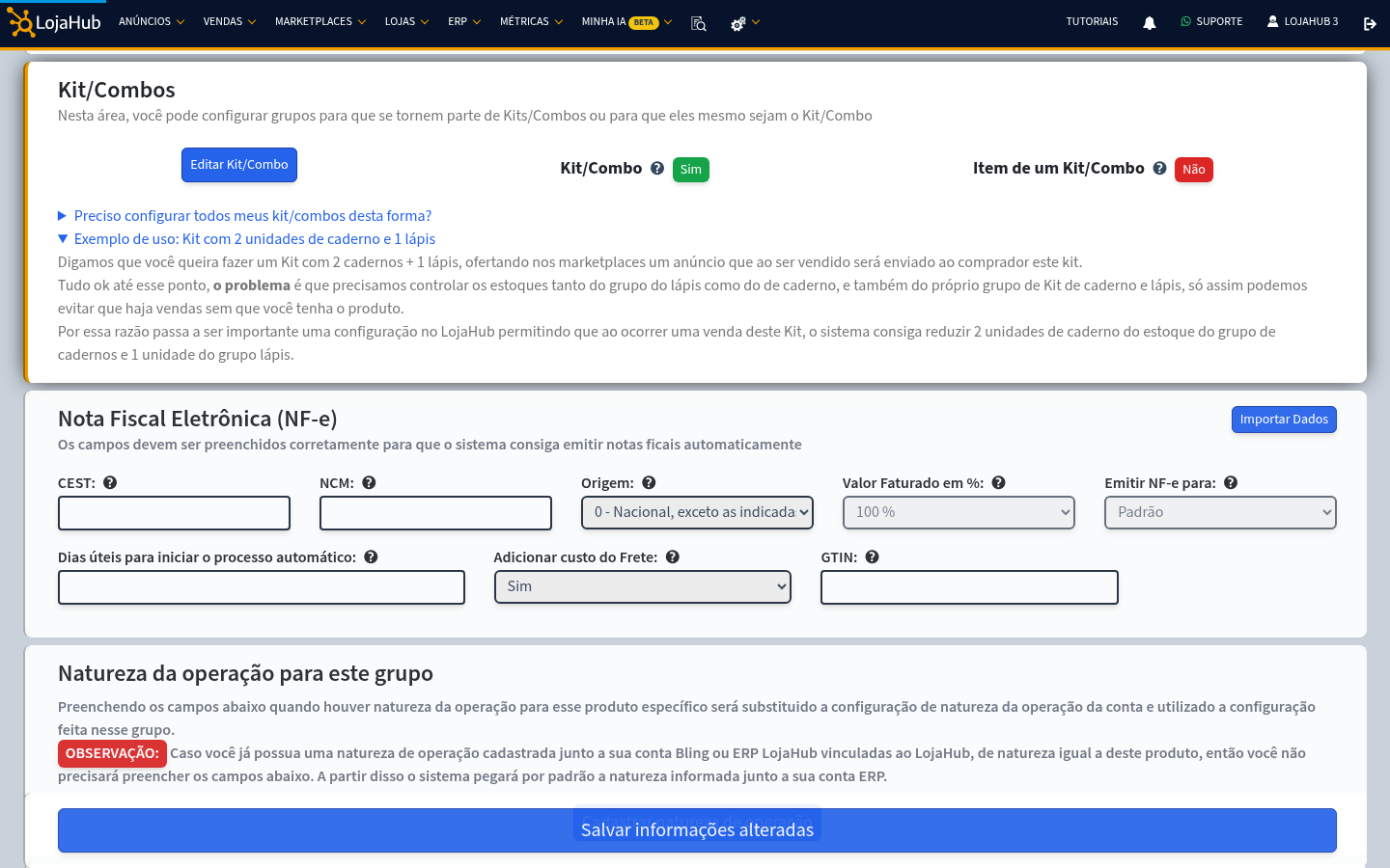 Card Kit/Combos nas propriedades do grupo, com Kit/Combo Sim e o exemplo de uso aberto