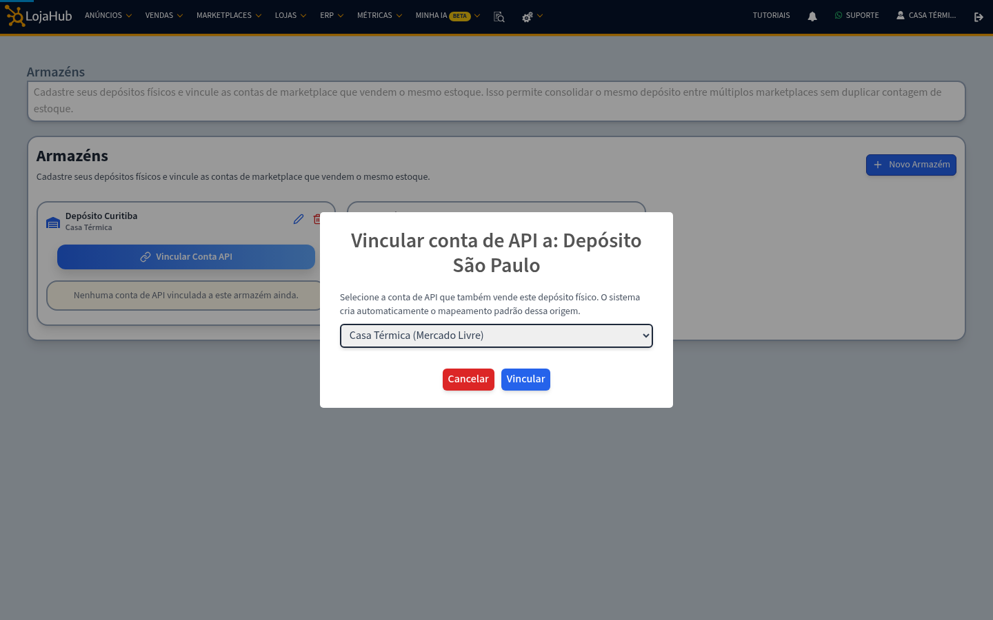 Janela Vincular conta de API ao Depósito São Paulo, com a conta do Mercado Livre selecionada