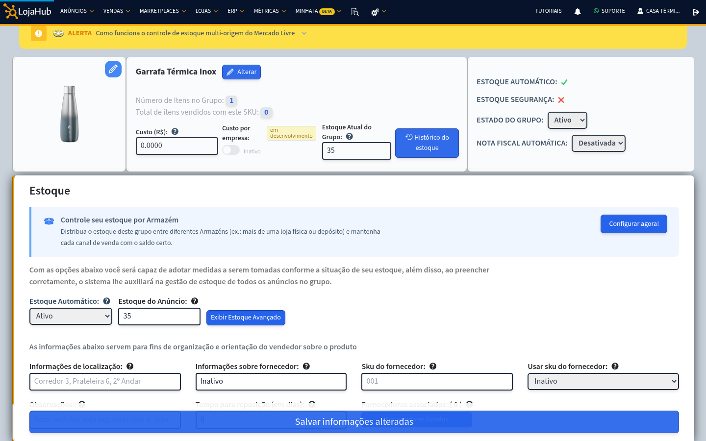 Seção Estoque do grupo Garrafa Térmica Inox com o botão Configurar agora!