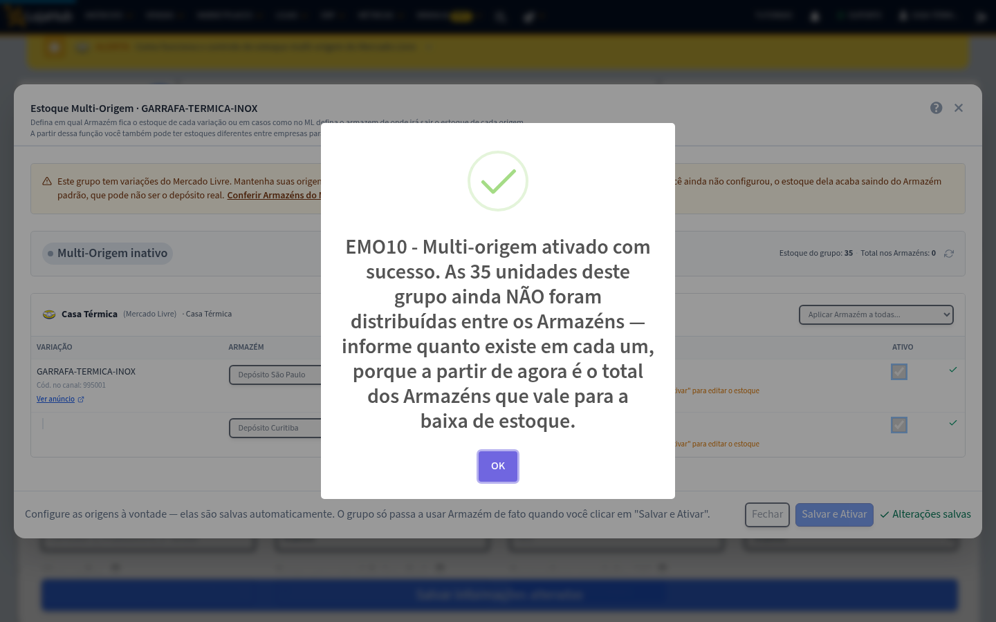Confirmação: Multi-origem ativado com sucesso, pedindo para informar o estoque de cada armazém
